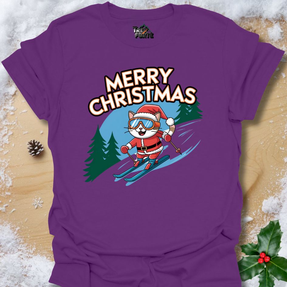 Festive Skiing Cat Christmas T-Shirt | TrekForte Apparel