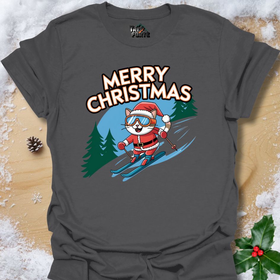 Festive Skiing Cat Christmas T-Shirt | TrekForte Apparel