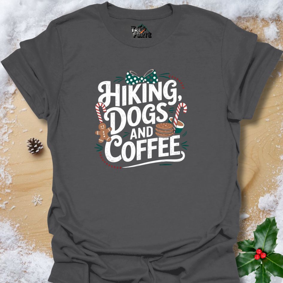 Hiking Dogs and Coffee Christmas T-Shirt | Festive Outdoor Design