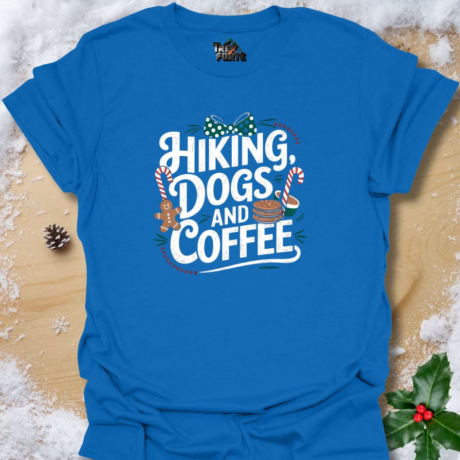 Hiking Dogs and Coffee Christmas T-Shirt | Festive Outdoor Design