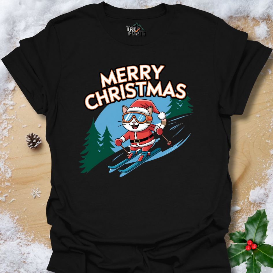 Festive Skiing Cat Christmas T-Shirt | TrekForte Apparel