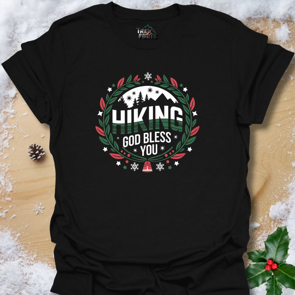 HIKING T-Shirt | Festive Hiking Design with Mountains, Snowflakes & Wreath