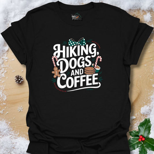 Hiking Dogs and Coffee Christmas T-Shirt | Festive Outdoor Design