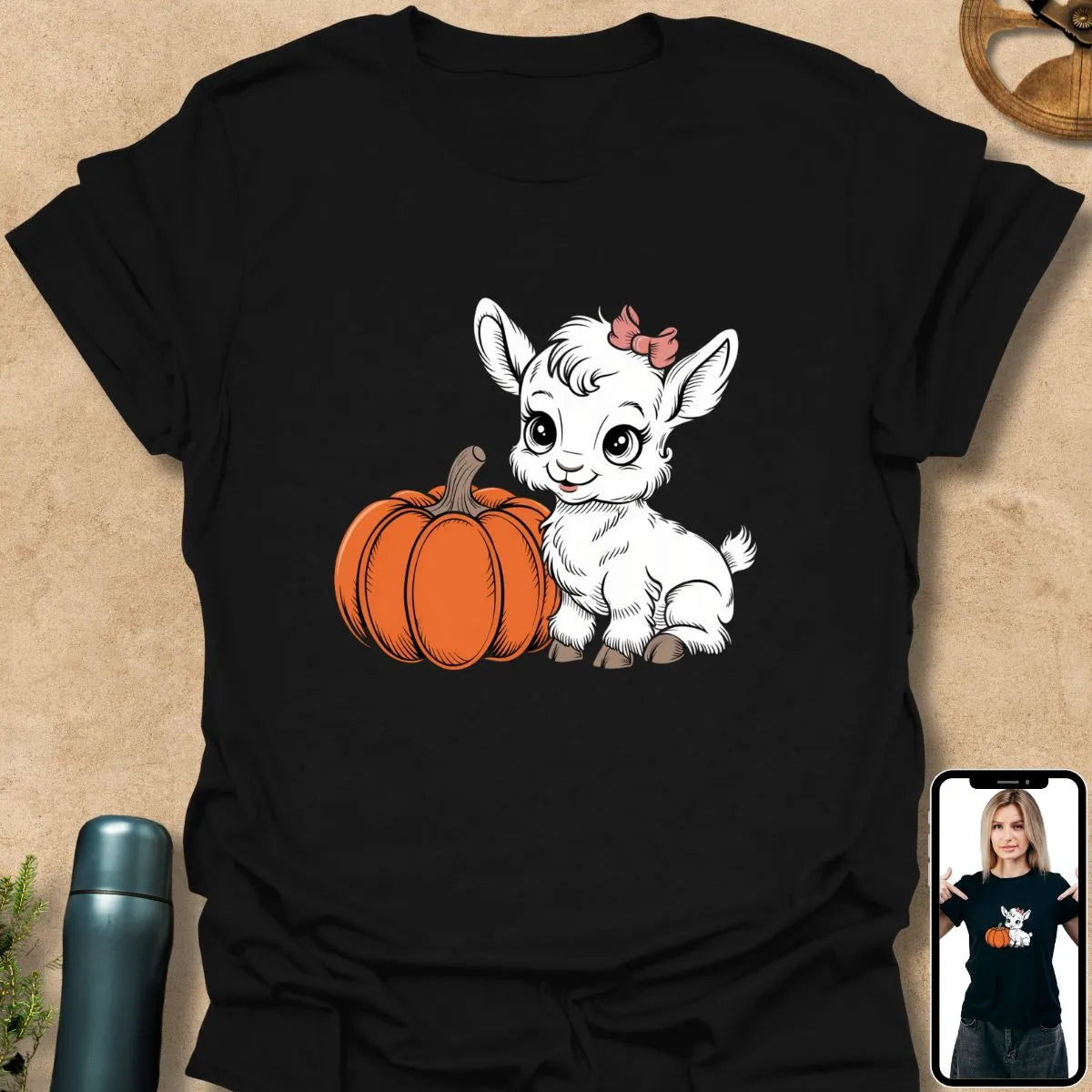 T-Shirt Black / S Autumn Cutie Baby Goat & Pumpkin