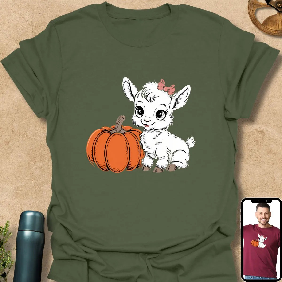 T-Shirt Military Green / S Autumn Cutie Baby Goat & Pumpkin