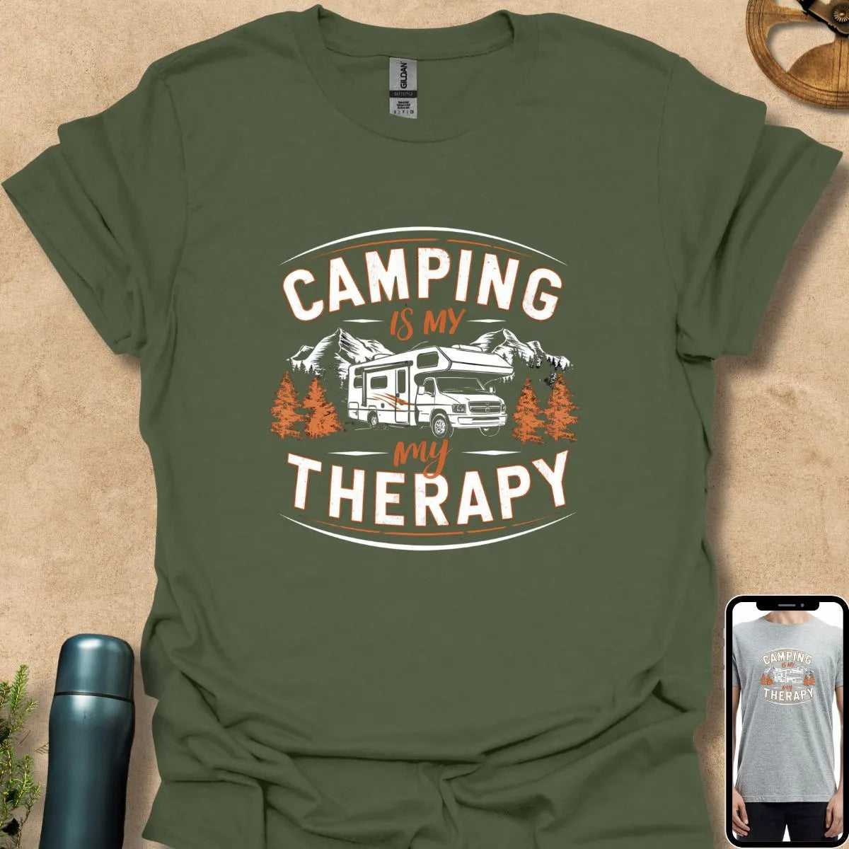 T-Shirt Military Green / S Camping is My Therapy